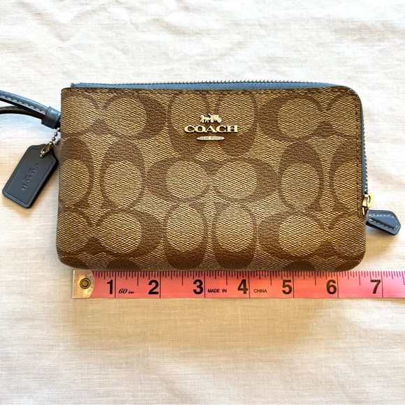 Coach Tan Double Corner Zip Wristlet in Signature Canvas & Blue Fabric Interior - Picture 13 of 14